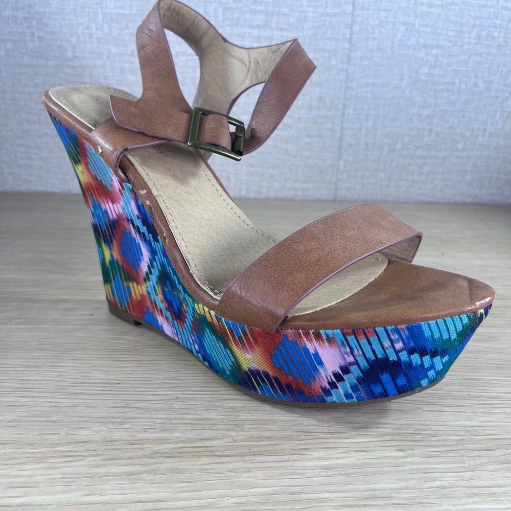 Lauren Lorraine Colorful Printed Wedge Sandals Women Size 9 Ankle Strap Platform